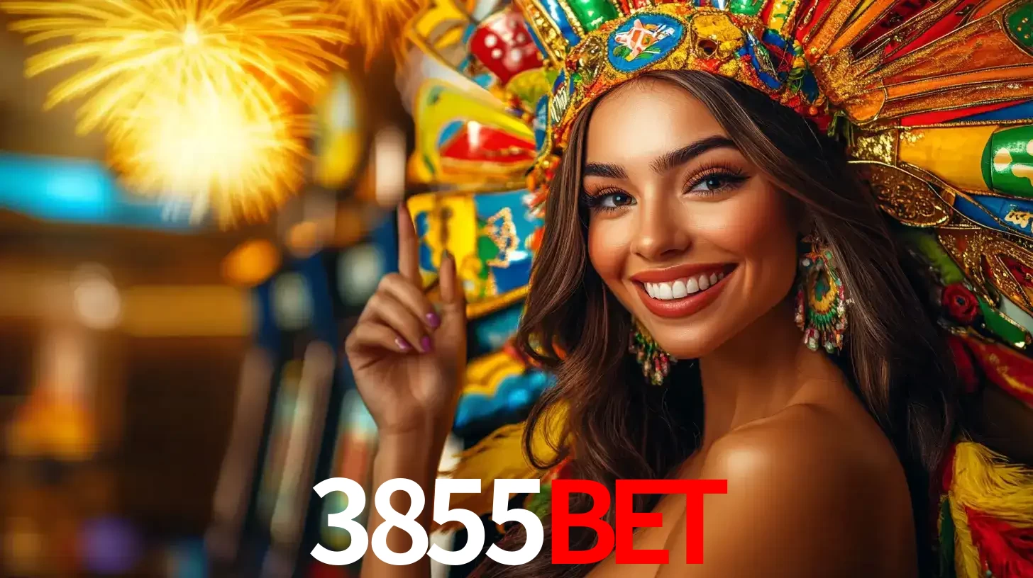 Mulher sorridente com um cocar de carnaval vibrante e colorido, celebrando uma grande vitória nos jogos do cassino 3855bet com fogos de artifício ao fundo.