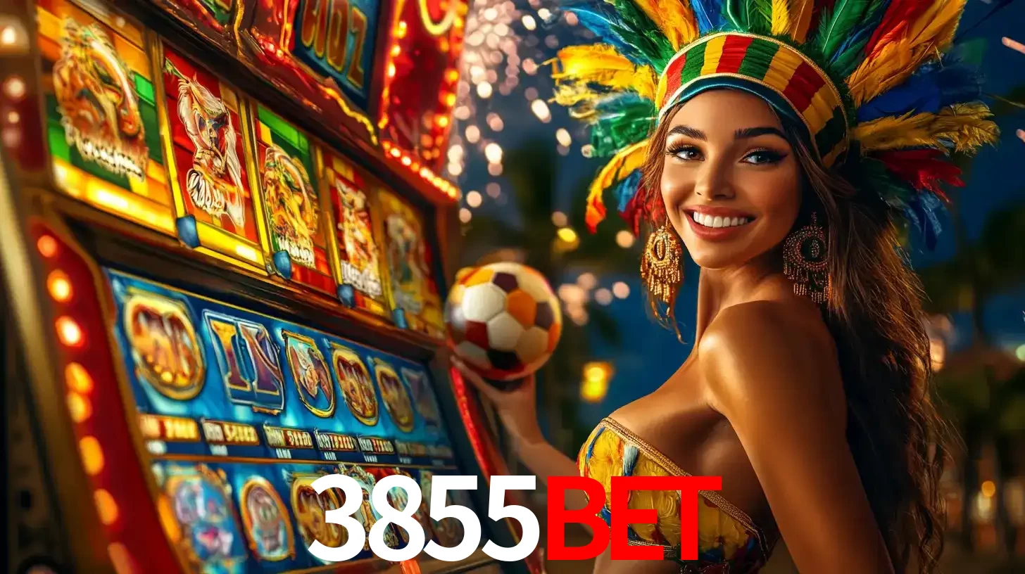 Mulher com um cocar de carnaval ao lado de uma máquina de caça-níqueis enquanto segura uma bola de futebol, mostrando a união da diversão de cassino e esportes no 3855bet.