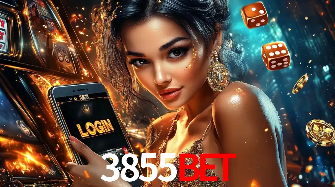 Mulher glamourosa segurando um celular com a tela de login do cassino 3855bet, rodeada por dados e moedas douradas, pronta para começar a diversão.