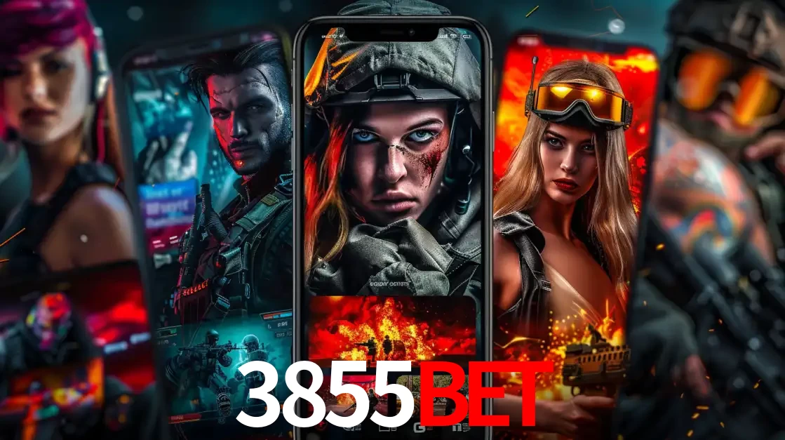 Montagem de telas de celular mostrando diversos personagens, masculinos e femininos, de um jogo de tiro, ilustrando a diversidade de equipes de e-sports para apostar no 3855bet.