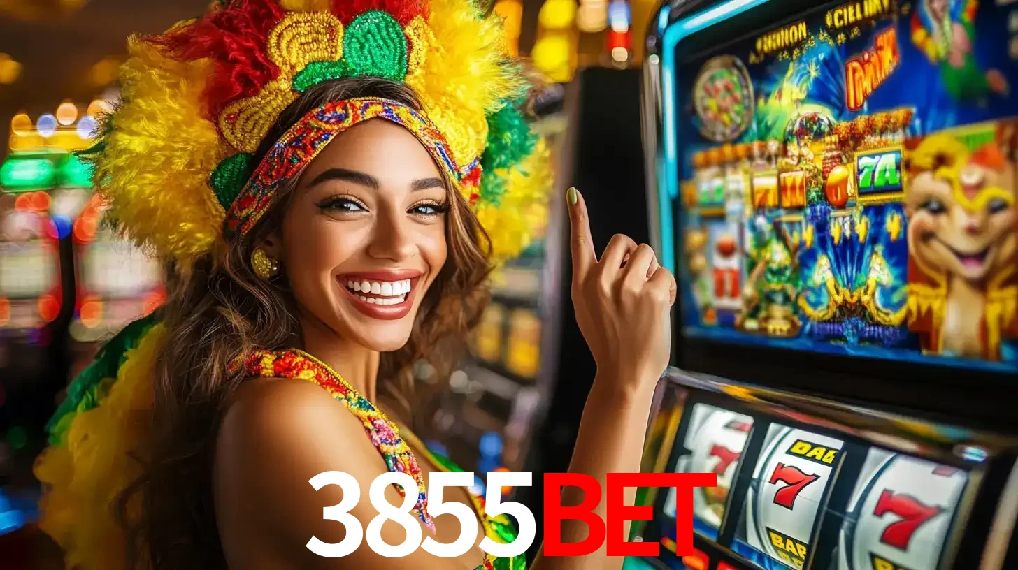 Mulher animada com um cocar de carnaval apontando para uma máquina de caça-níqueis, mostrando a emoção de ganhar um grande prêmio nos jogos do 3855bet.