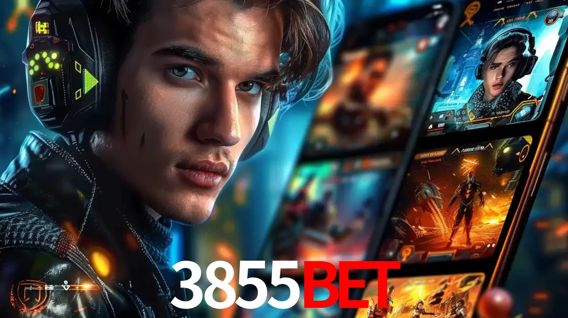 Jovem jogador com fones de ouvido olhando para a câmera, com um aplicativo de jogos e e-sports para celular ao fundo, pronto para a competição e apostas no 3855bet.