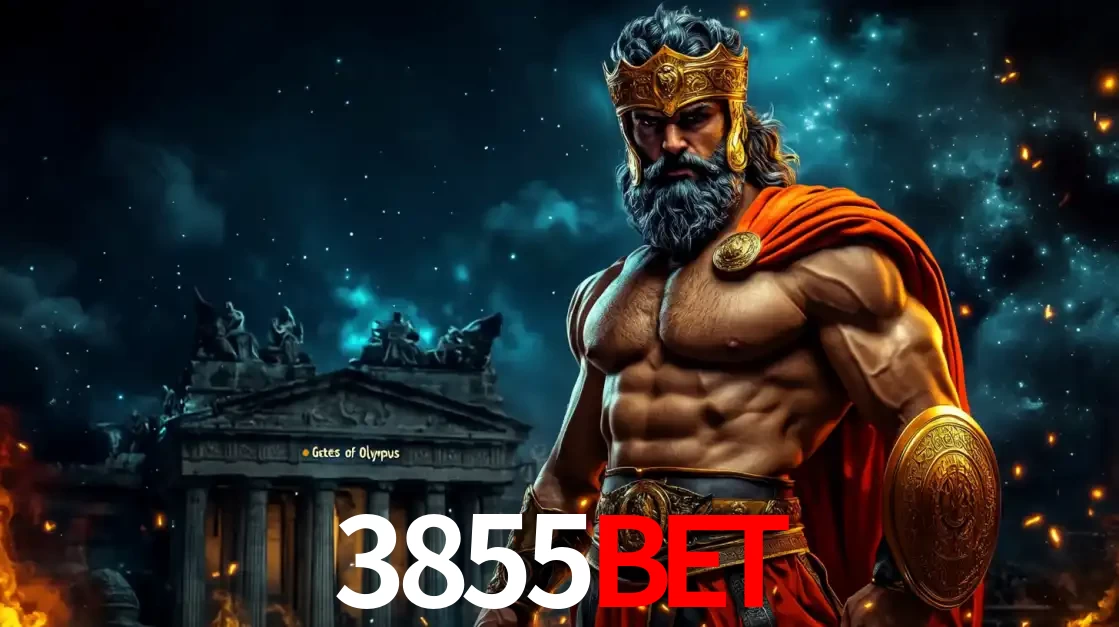 O poderoso Zeus do jogo de slot Gates of Olympus em frente ao seu templo, pronto para lançar multiplicadores divinos e prêmios épicos no cassino online 3855bet.