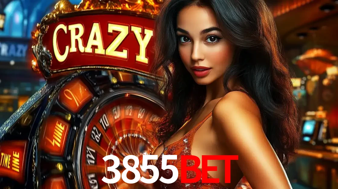 Mulher glamourosa olhando para a câmera com a roda vermelha do Crazy Time ao fundo em um ambiente de cassino, destacando a emoção dos jogos ao vivo no 3855bet.