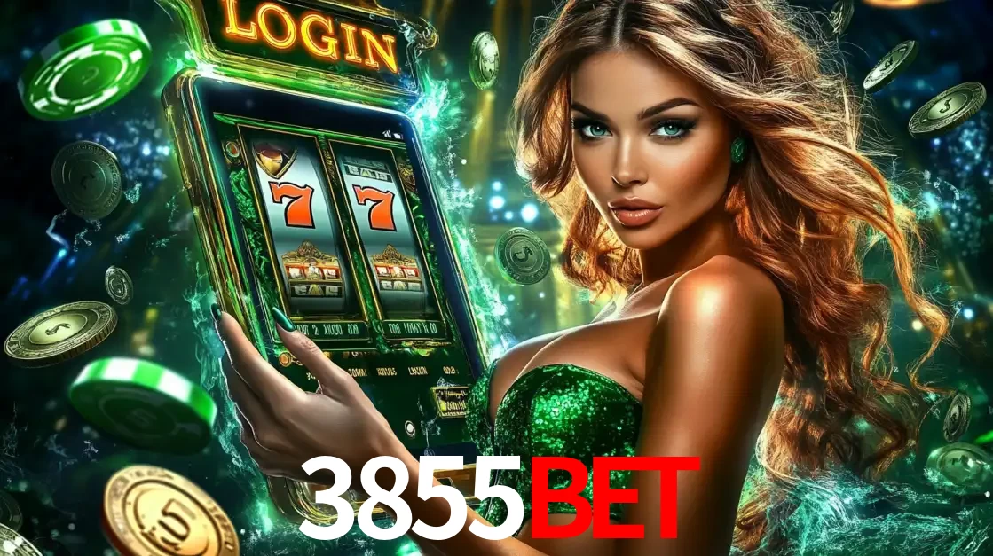 Mulher com tema verde apresentando o aplicativo do cassino 3855bet com um jogo de slot de 777, cercada por fichas de cassino e uma aura de sorte.