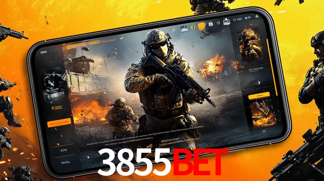 Um smartphone exibindo a interface de um jogo de tiro em primeira pessoa, com um soldado em um cenário de batalha, representando a ação dos e-sports para apostar no 3855bet.