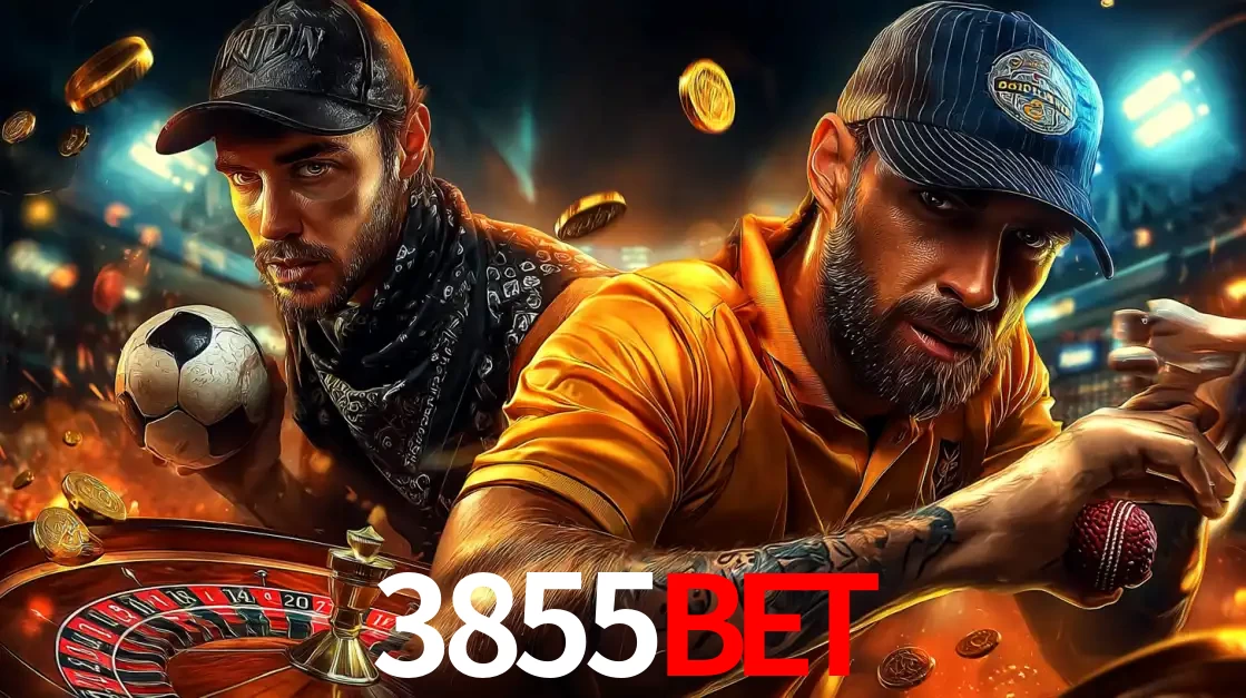 Montagem de apostas esportivas e cassino no 3855bet, com um homem segurando uma bola de futebol e outro uma de beisebol sobre uma roleta e moedas voadoras.