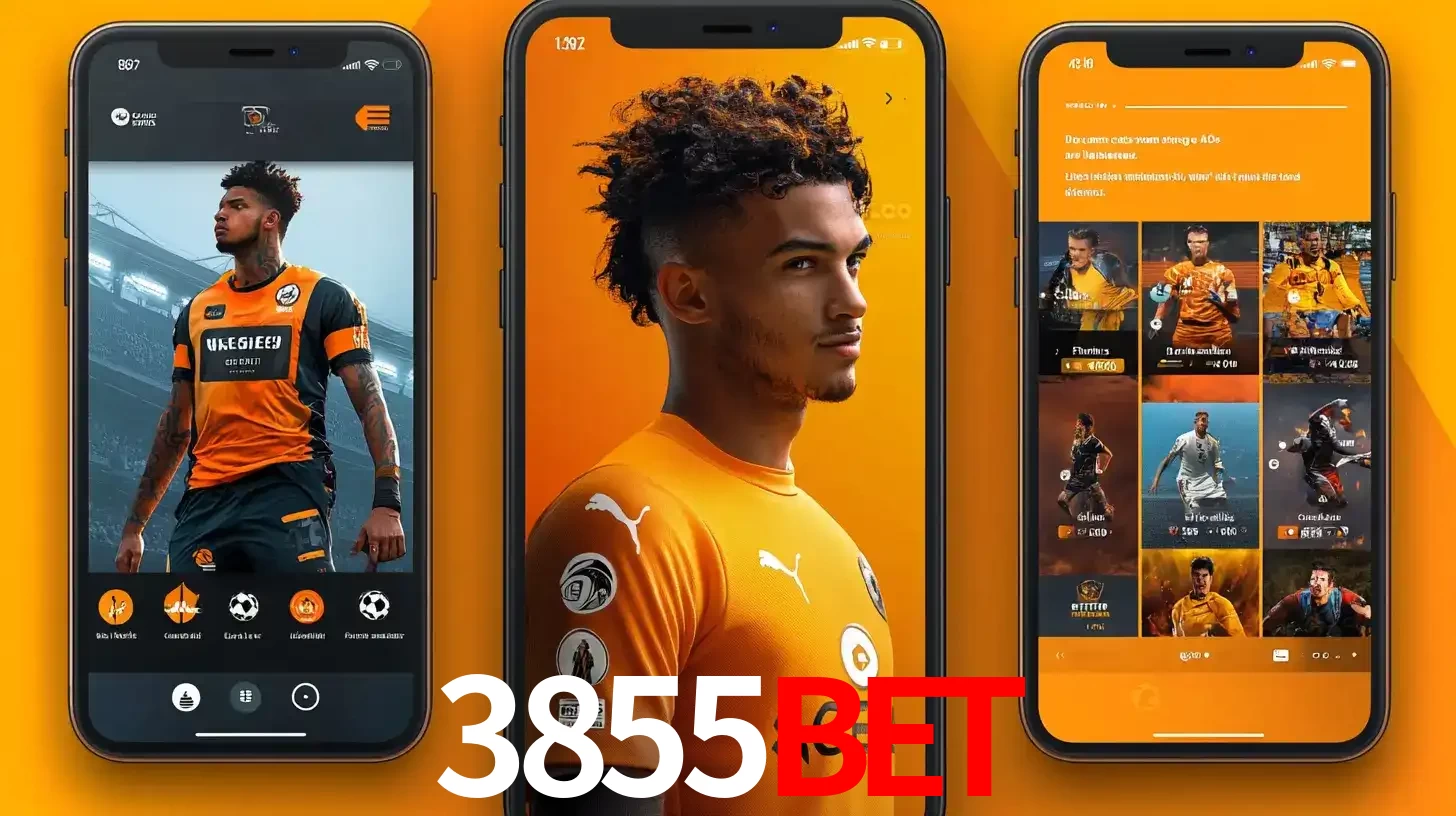 Interface do aplicativo de apostas esportivas 3855bet em três telas de celular, mostrando o perfil de um jogador de futebol e a lista de jogos disponíveis para apostar.