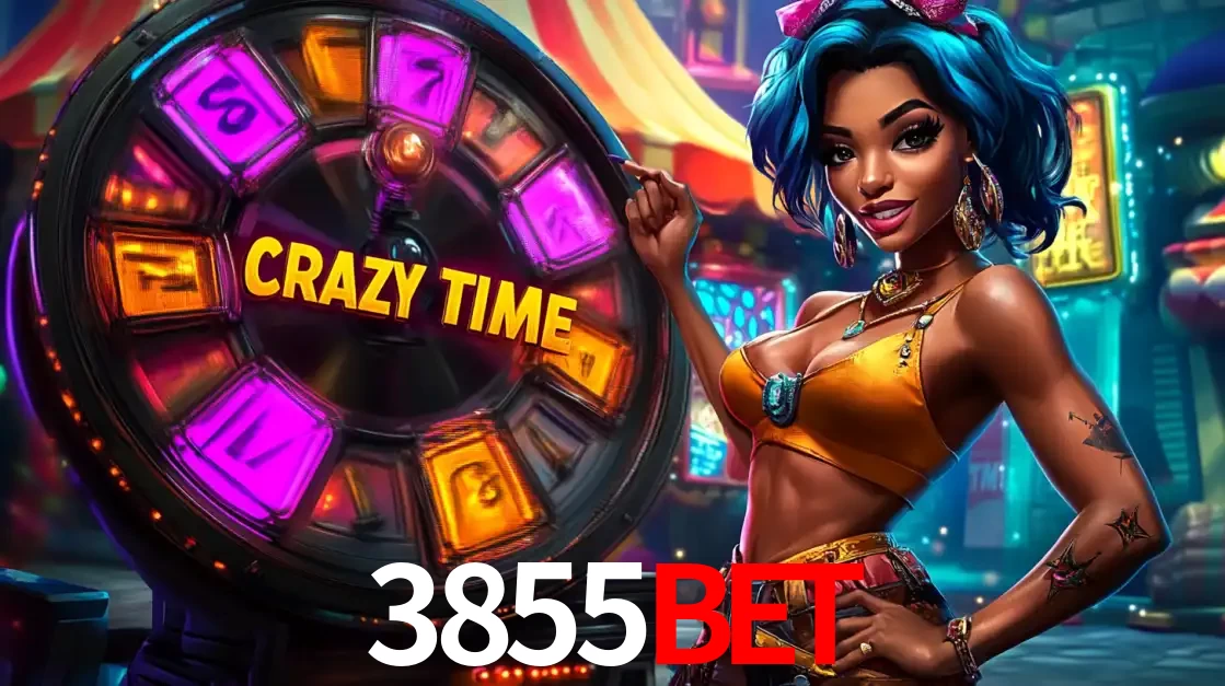 Mulher estilizada com cabelo azul e visual vibrante posando ao lado da roda de prêmios do game show Crazy Time, convidando para a diversão e os bônus do cassino 3855bet.