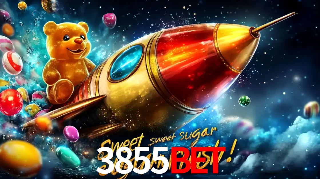 Arte promocional do jogo de slot Sugar Rush, com um urso de pelúcia em um foguete viajando pelo espaço de doces, um dos jogos divertidos disponíveis no cassino 3855bet.