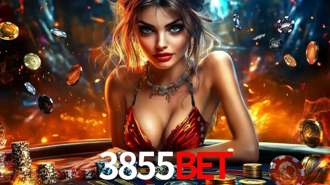 Mulher em uma mesa de cassino com pilhas de fichas e um fundo de fogo, pronta para uma rodada de altas apostas nos jogos de mesa emocionantes do cassino 3855bet.