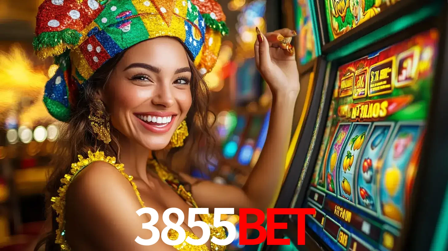 Mulher feliz com traje de carnaval amarelo e colorido ao lado de uma máquina de caça-níqueis, aproveitando a diversão e os jogos temáticos do cassino 3855bet.