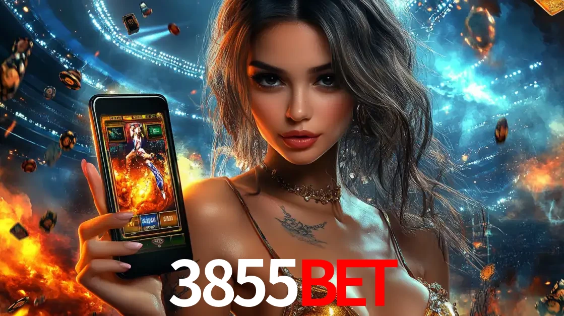 Mulher segurando um celular com um jogo de slot em destaque, tendo como fundo um estádio vibrante, simbolizando a emoção de jogar no cassino móvel 3855bet.