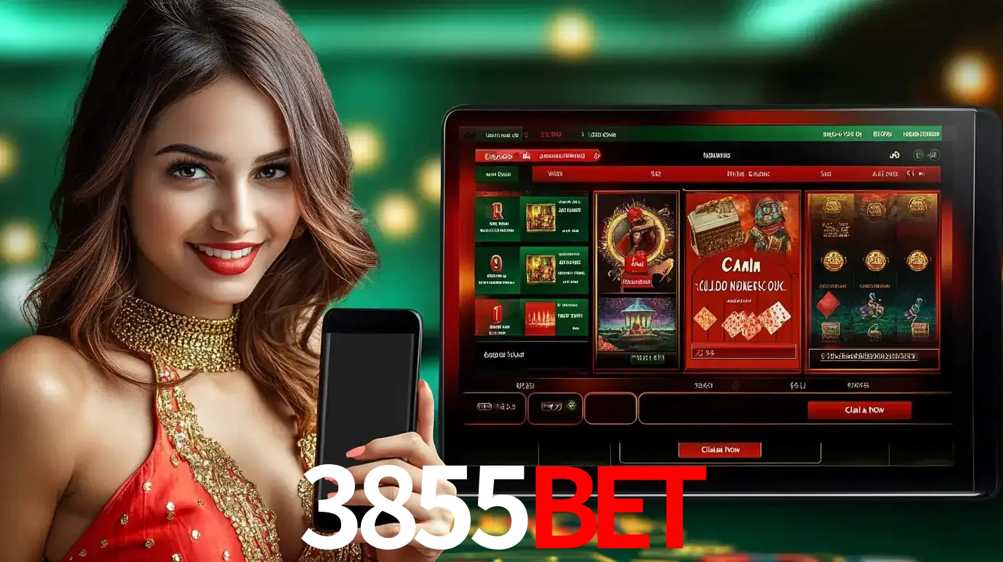 Mulher sorridente segurando um smartphone, ao lado de uma tela exibindo o lobby de jogos do cassino online 3855bet, com várias opções de jogos de cartas e slots.